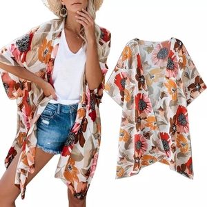 Apricot Floral Half Sleeve Coverup Open Cardigan